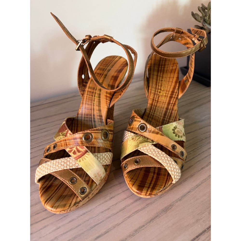 Bridget Schuster Womens Mixed Media Cork Wedge Sandals Earth Tone Grommet Straps
